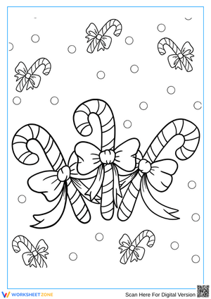 Candy Cane Coloring Page with Ribbons and Snow