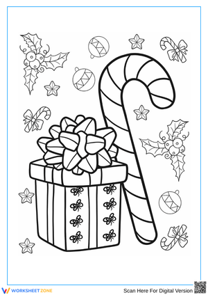 Gift Box and Candy Cane – Christmas Coloring Page