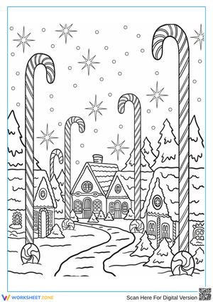 Candy Cane Village Winter Scene – Christmas Coloring Page