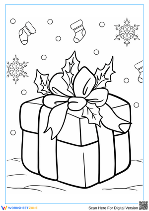 Holiday Gift Coloring Page with Holly Leaves
