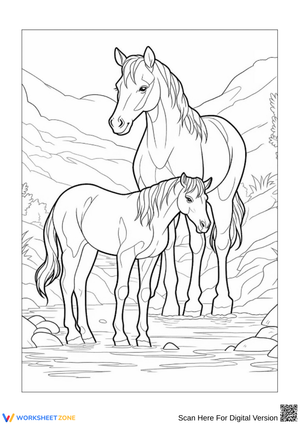 Majestic Horse Coloring Page for Adults – Nature Scene with River
