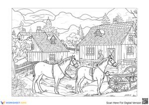 Countryside Horse Scene Coloring Page for Adults