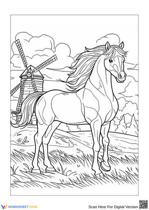 Graceful Horse Coloring Page with Windmill Background
