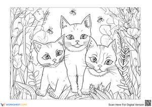 Intricate Three Cats in the Garden – Adult Coloring Page
