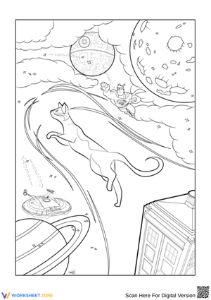 Sci-Fi Cat Adventure – Space-Themed Adult Coloring Page