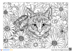 Realistic Cat in Floral Garden – Adult Coloring Page