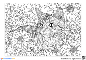 Elegant Tabby Cat in Bloom – Adult Coloring Page