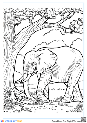 Elephant Under Tree – Adult Wildlife Coloring Page