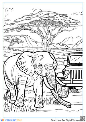 Elephant and Safari Jeep – Detailed Coloring Page for Adults
