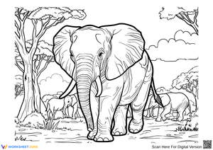 Elephant Family in the Wild – Realistic Coloring Page for Adults