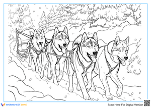 Sled Dogs in Winter – Realistic Coloring Page for Adults