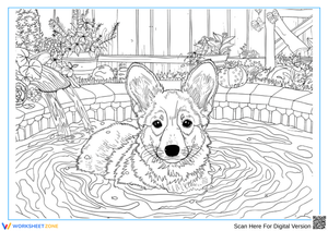Corgi Coloring Page for Adults – Cute Dog Swimming in Garden Pond