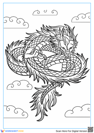 Flying Dragon Coloring Page with Clouds – Printable for Adults