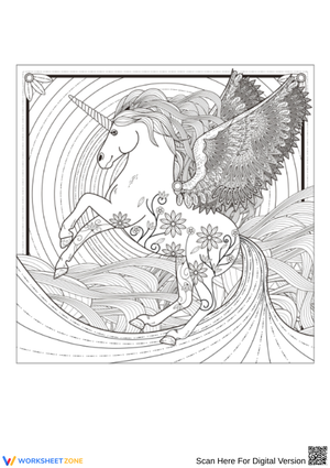 Intricate Unicorn with Wings and Flowers Coloring Page