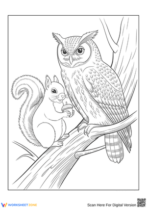 Intricate Owl and Squirrel Coloring Page – Printable for Adults