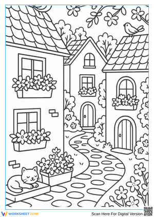 Cozy Spring Village – Adult Coloring Page with Flowers & Houses