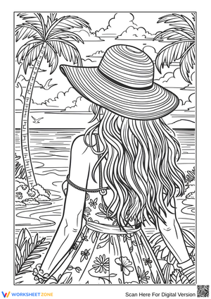 Woman on the Beach Summer Coloring Page for Adults
