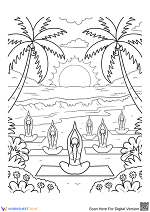 Summer Yoga Beach Scene Coloring Page 