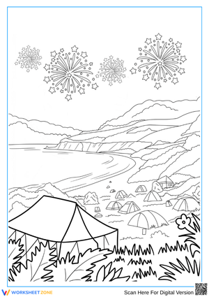 Summer Beach Camp with Fireworks Coloring Page