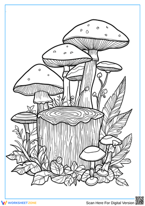 Mushroom and Stump Coloring Page for Adults