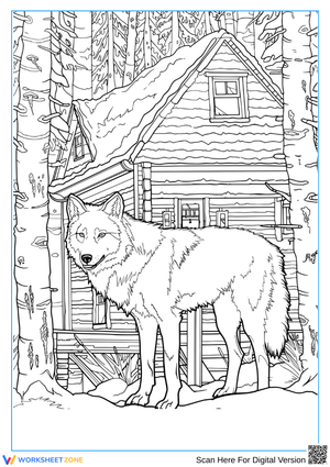 Wolf in Winter Forest Cabin Coloring Page for Adults