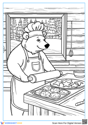 Bear Baking Cookies in Winter Cabin Coloring Page for Adults