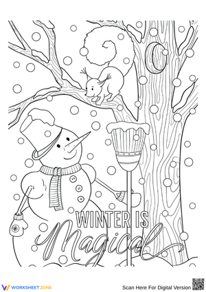 Winter Snowman and Squirrel Coloring Page for Adults