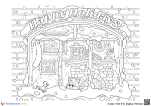 Happy Holidays Winter Scene Coloring Page for Adults