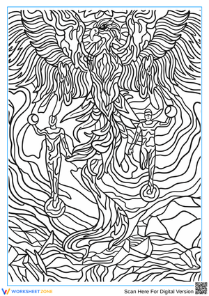 Trippy Phoenix and Abstract Figure Coloring Page for Adults