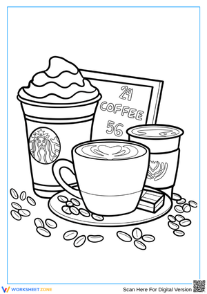 Simple Coffee Cups and Beans Coloring Page for Adults