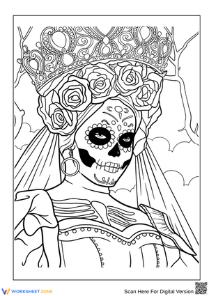 Day of the Dead Female Skeleton Coloring Page for Adults