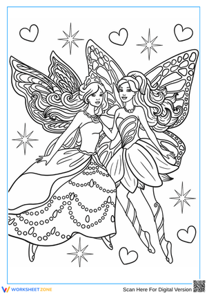 Fairy Princesses Coloring Page with Hearts and Stars