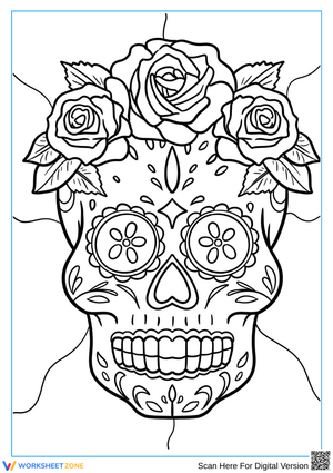 Intricate Sugar Skull with Roses – Day of the Dead Coloring
