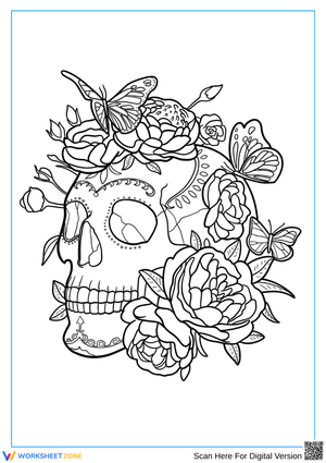 Floral Skull and Butterflies Coloring Page for Adults