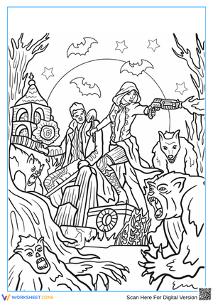 Fantasy Monster Hunters at Night Coloring Page for Adults