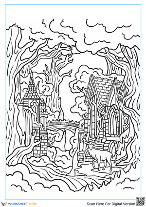 Fantasy Forest Chapel and Deer Coloring Page for Adults