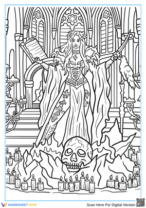 Gothic Priestess in Cathedral Coloring Page for Adults