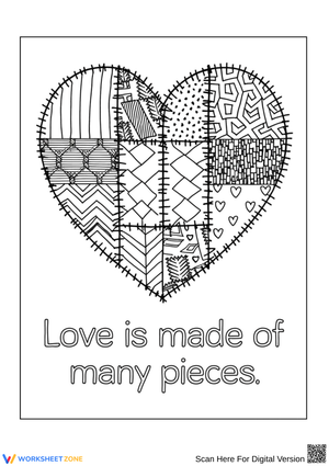 Patchwork Heart Coloring Page with Love Quote