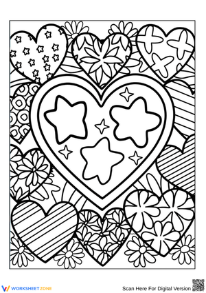Floral Hearts and Stars Coloring Page for Adults