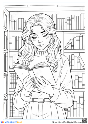 Realistic Coloring Page of Woman Reading in Library