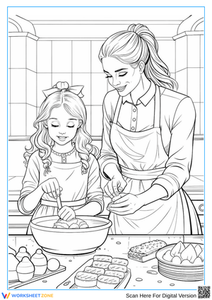 Realistic Coloring Page of Mom and Daughter Baking