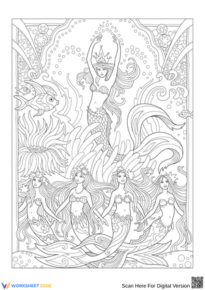 Mermaid Royal Court Coloring Page for Adults
