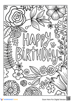 Floral Happy Birthday Adult Coloring Page