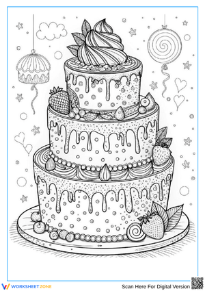Decorative Birthday Cake Coloring Page for Adults