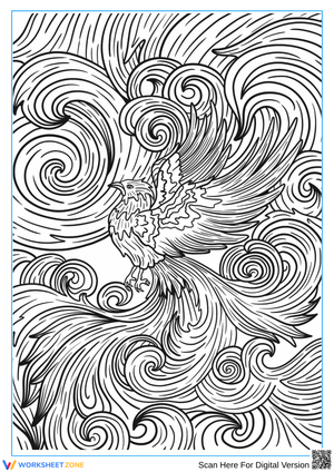 Phoenix in Swirling Waves Abstract Coloring Page