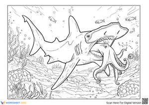Hammerhead Shark vs. Giant Squid Coloring Page