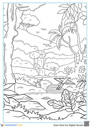 Tropical Jungle Waterfall Coloring Page for Adults