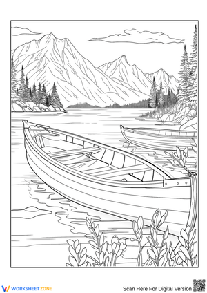 Mountain Lake Rowboats Coloring Page for Adults