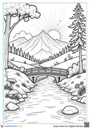 Scenic Mountain Bridge Nature Coloring Page for Adults