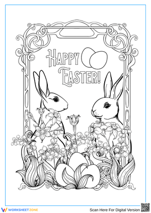 Easter Bunny Duo Coloring Page with Flowers & Eggs